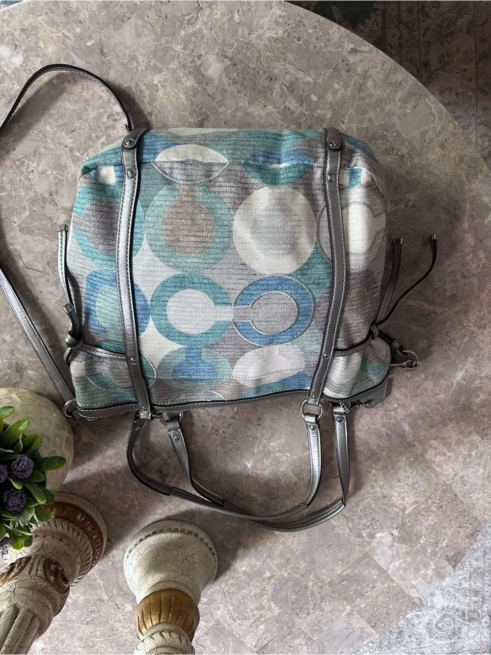 Coach Silver Metallic & Blue Signature Canvas Shoulder Bag